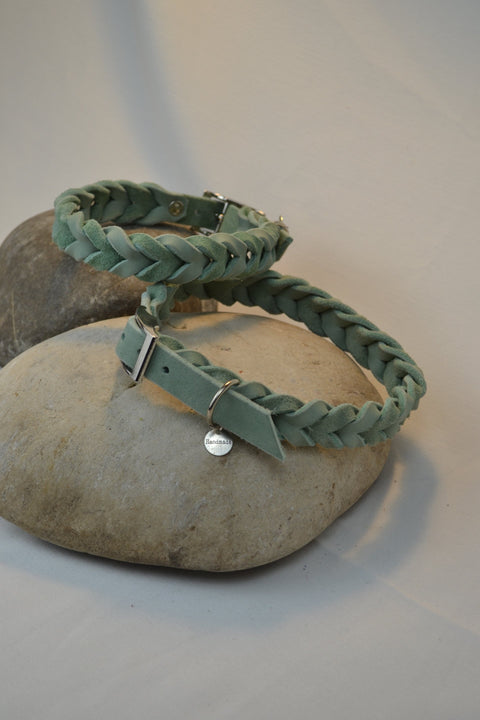 Lederhalsband geflochen - Mint, Größe: M 34-40 cm